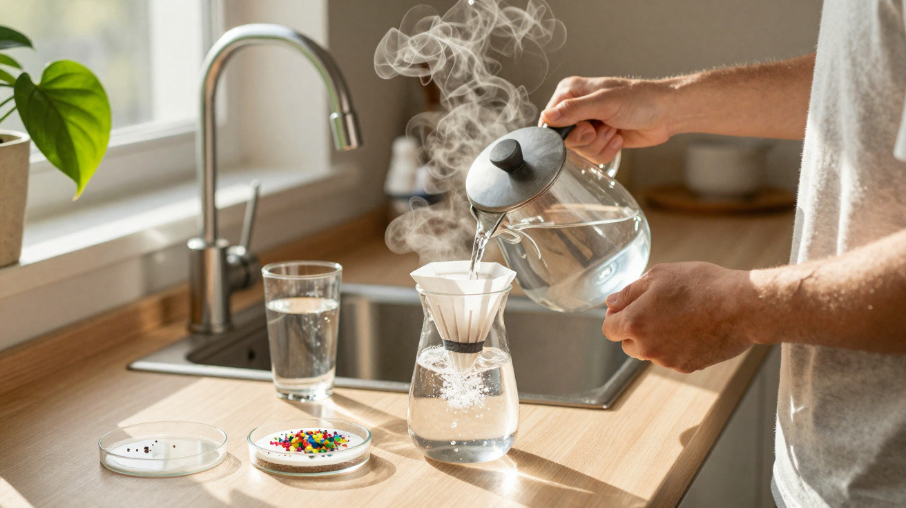 Dampfendes Wasser wird aus Kanne in Filter auf Glas auf Küchentheke in hellem Raum gegossen.