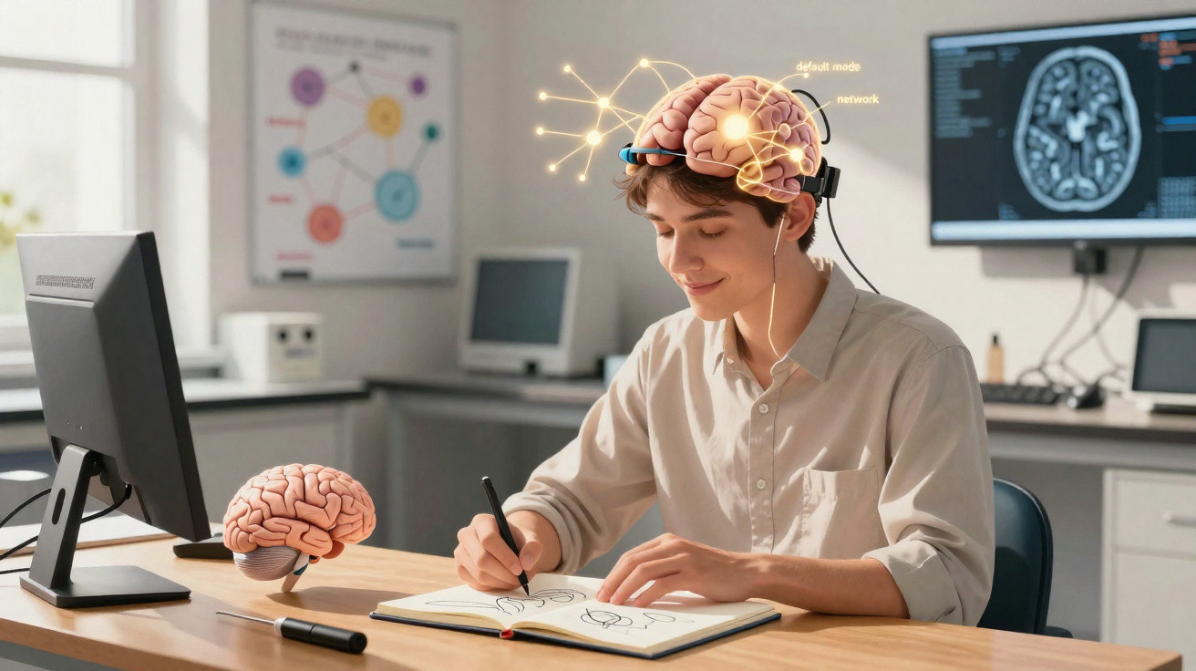 Junger Mann zeichnet Gehirndiagramme, während ein virtuelles Gehirn mit neuronalen Verbindungen über seinem Kopf schwebt.
