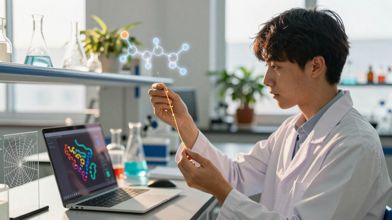 Junger Wissenschaftler im Labor analysiert Molekülmodell vor Laptop mit chemischen Daten.