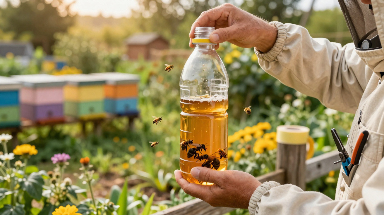 Imker hält Flasche mit Honig, umgeben von Bienen in einem Garten mit bunten Bienenstöcken.