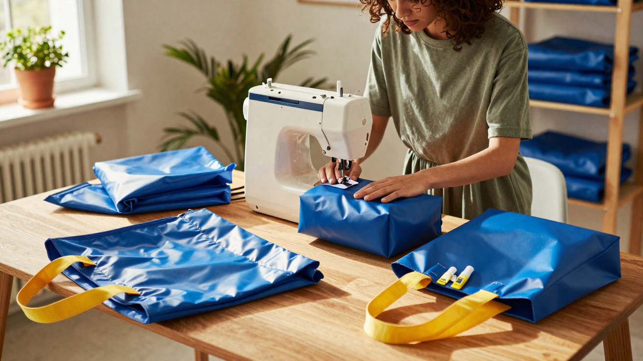 Frau näht blaue Taschen mit gelben Griffen an einer Nähmaschine in hellem Raum.