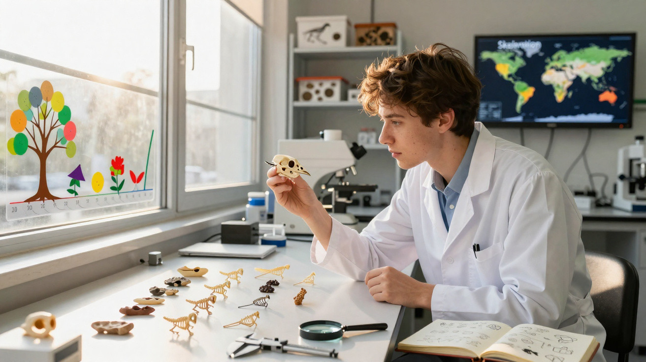 Junger Wissenschaftler im Labor untersucht Dinosaurier-Skelette mit Lupe an hellem Fensterarbeitsplatz.