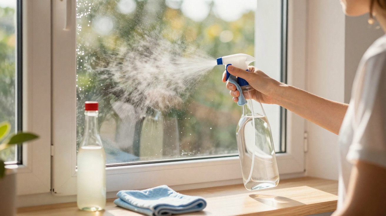 Person sprüht mit Zerstäuber Glasreiniger auf ein Fenster, daneben Mikrofasertuch und Flasche auf Fensterbank.