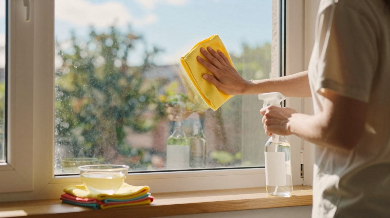 Person wäscht mit gelbem Tuch ein Fenster, steht am sonnigen Fensterbrett mit Glas und Reinigungsspray.