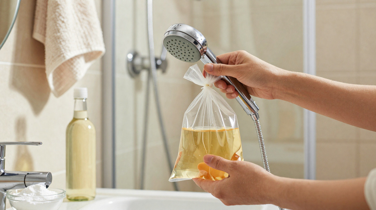 Hand hält Duschkopf über durchsichtigen Beutel mit Flüssigkeit in Badezimmer mit Waschbecken und Flasche im Hintergrund.