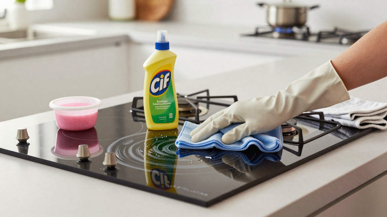 Hand mit Gummihandschuh reinigt Ceranfeld mit blauem Tuch, daneben steht gelbe Cif Flasche.