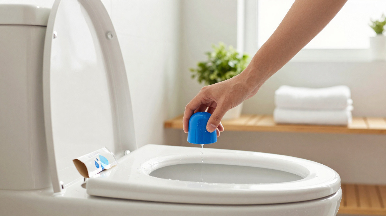 Hand tropft blaue Reinigungskugel in weiße Toilettenschüssel in hellem Badezimmer mit Fenster und Handtüchern.