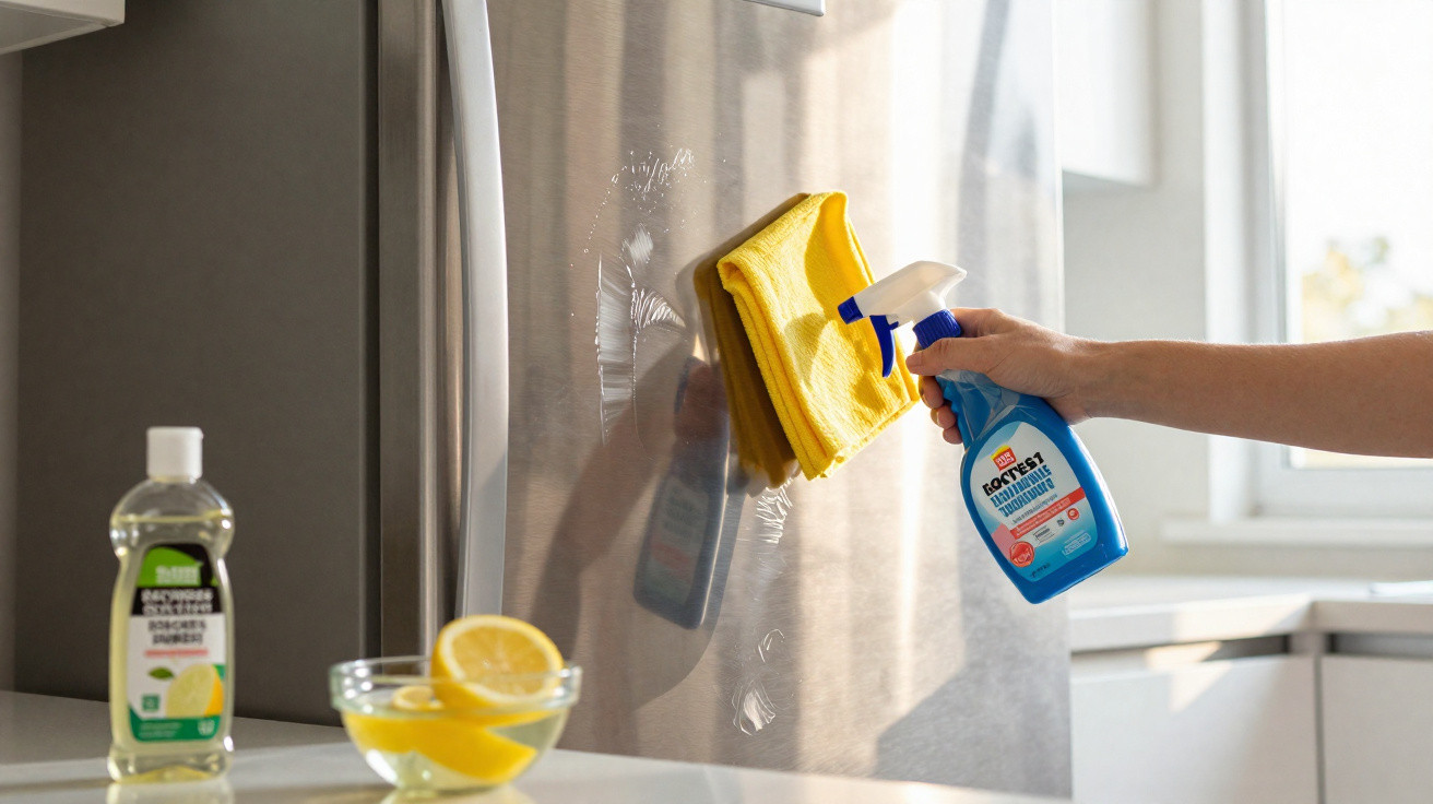 Hand reinigt Edelstahl-Kühlschrank mit Reinigerspray und gelbem Tuch, Zitronen in Schale auf Tisch.