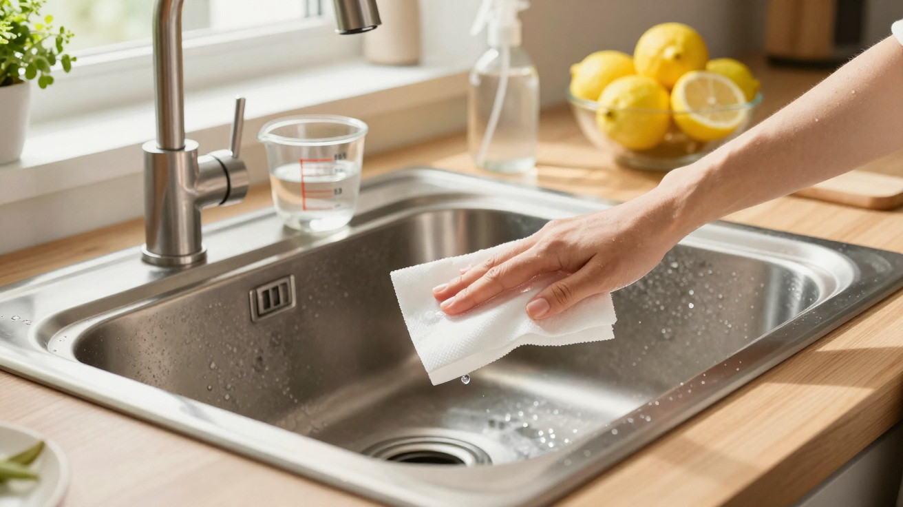 Hand wischt Spüle aus Edelstahl mit Papiertuch in heller Küche und Zitronen im Hintergrund sauber.