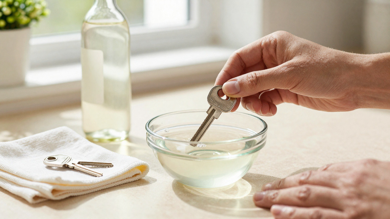 Hand taucht Schlüssel in eine Glasschüssel mit klarem Wasser auf Küchenarbeitsplatte neben Schlüsselbund und Flasche.