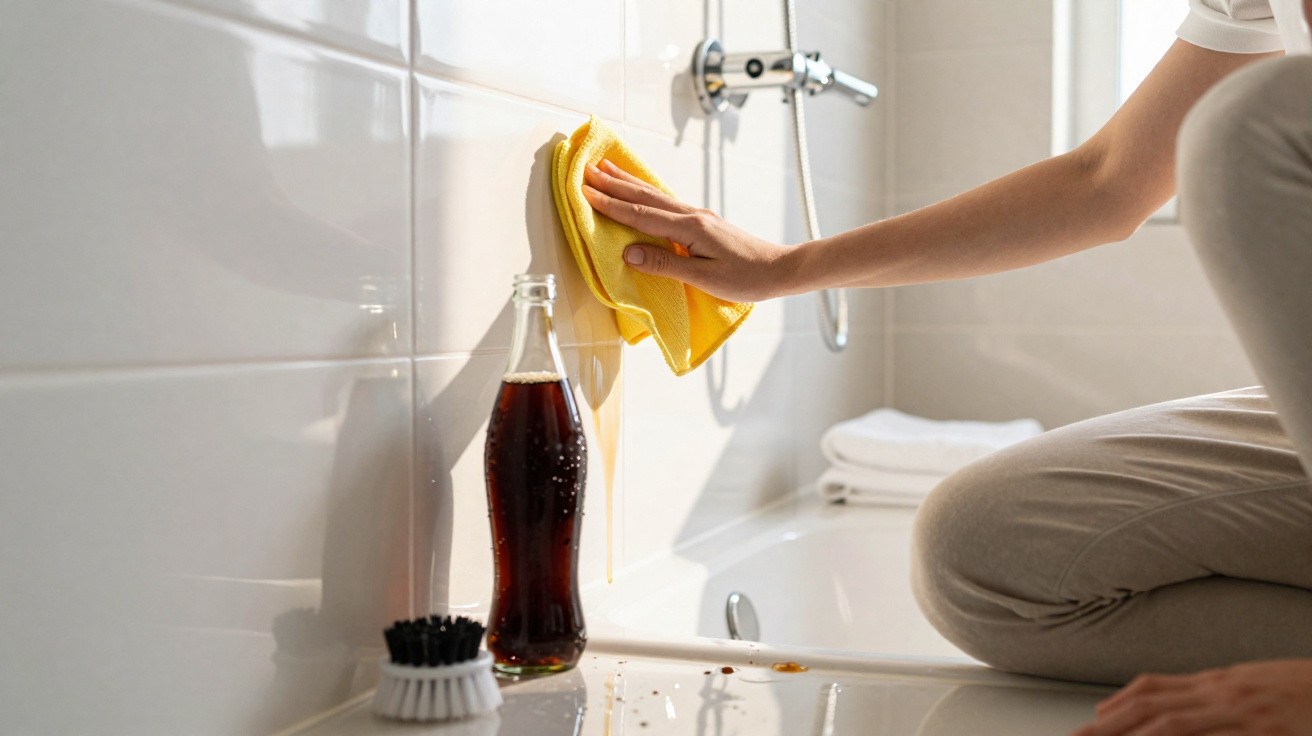 Person wischt mit gelbem Tuch klebrige Cola von weißen Badezimmerfliesen neben Badewanne ab.