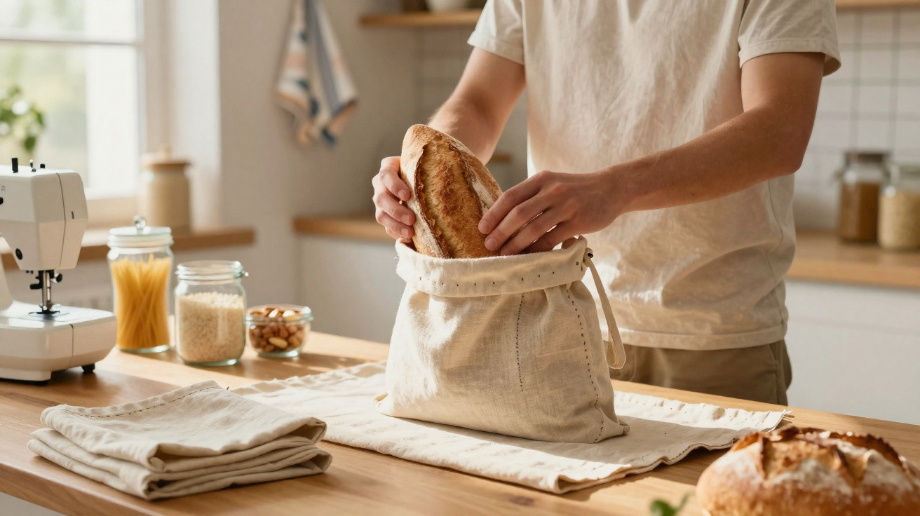 Person legt ein Brot in einen wiederverwendbaren Stoffbeutel auf einer Küchentheke.