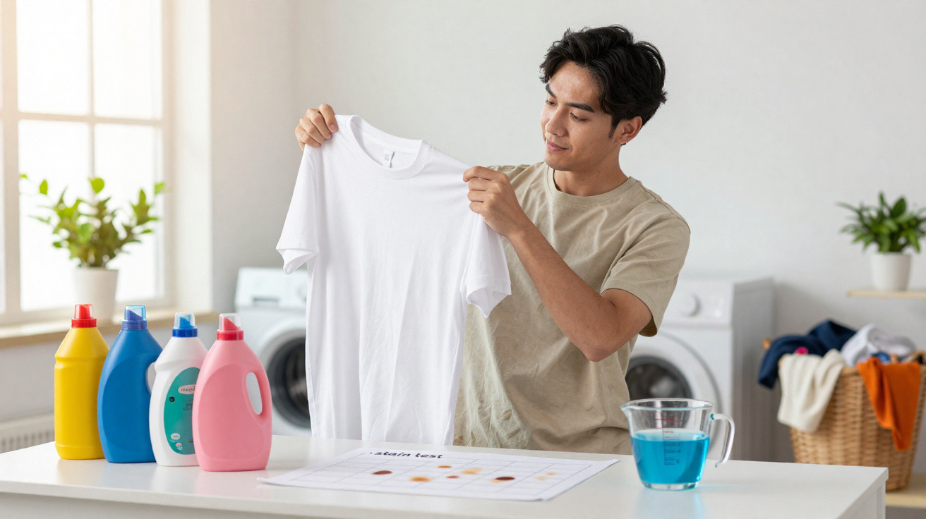 Mann hält weißes T-Shirt in Waschraum mit mehreren Waschmittel-Flaschen und Wäschetrockner im Hintergrund.