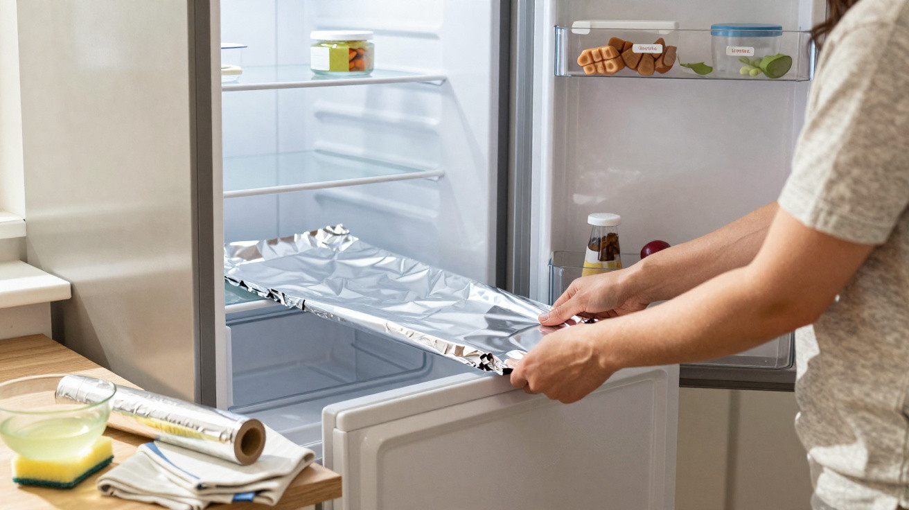 Person legt Aluminiumfolie in einen fast leeren Kühlschrank in einer modernen Küche.