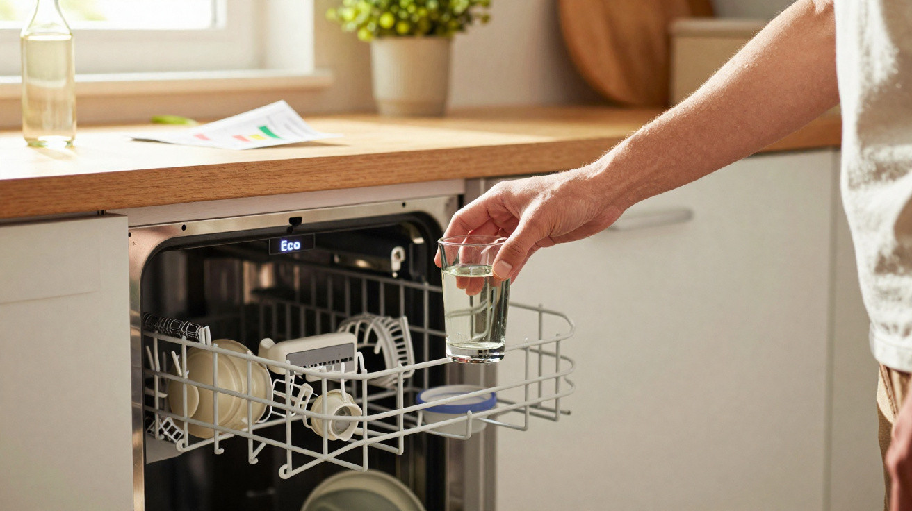 Hand legt ein Glas Wasser in einen geöffneten Geschirrspüler in moderner Küche mit Holztischplatte.
