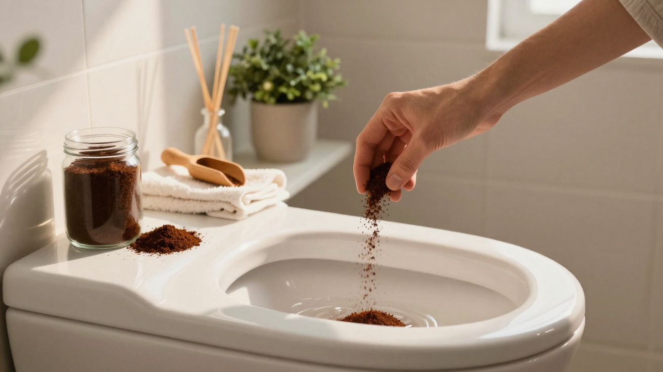 Hand streut pulverförmiges Material aus einem Glas in die Toilette, Badezimmer mit Pflanzen im Hintergrund.