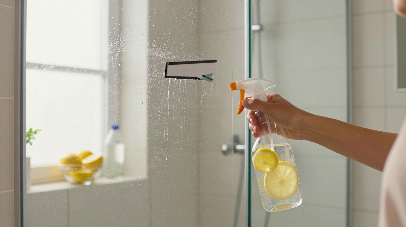 Hand mit Sprühflasche mit Zitronenscheiben reinigt Glasdusche mit Wischer im Bad.
