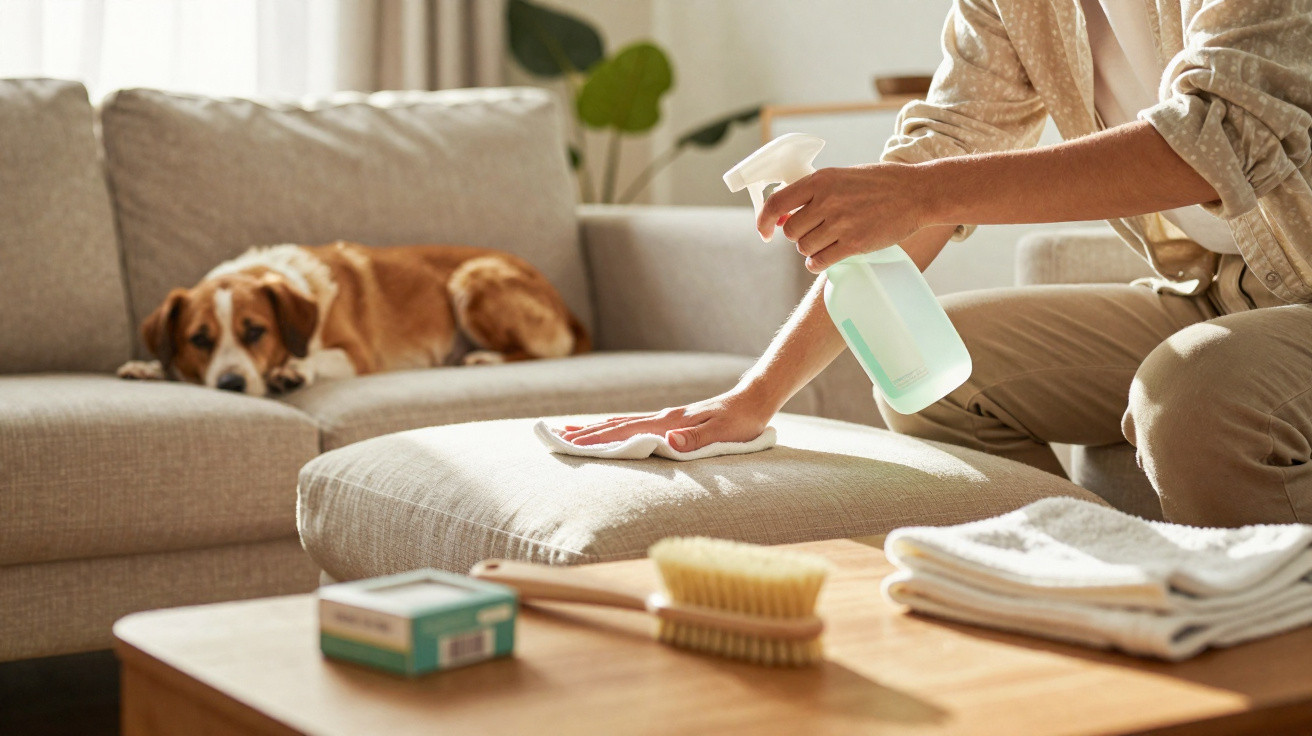 Person reinigt Polster im Wohnzimmer, während Hund auf Sofa liegt und entspannt.