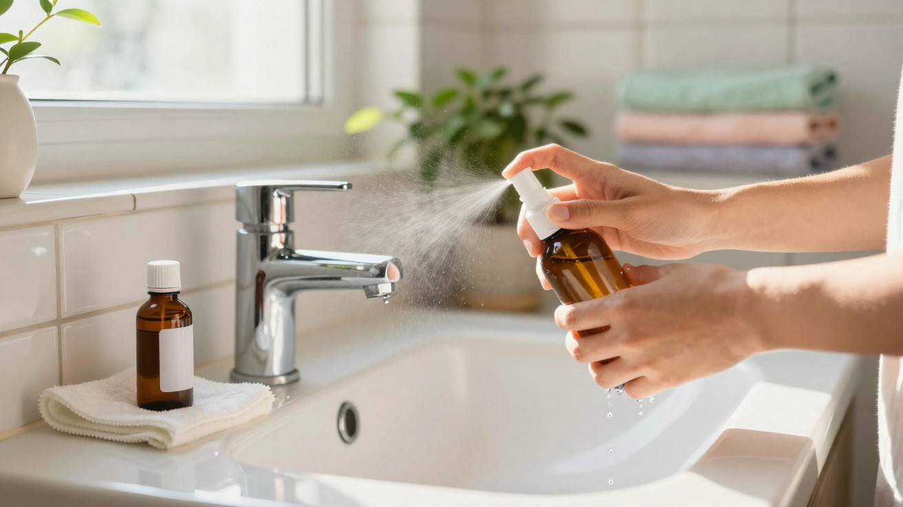 Hände sprühen Flüssigkeit aus einer braunen Sprühflasche über ein Waschbecken im Bad.