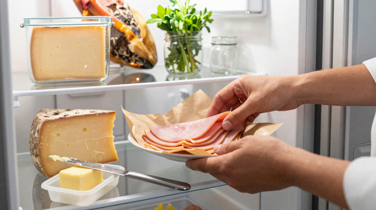 Hand legt Scheiben Schinken auf Teller in Kühlschrank mit Käse, Butter und Kräutern.