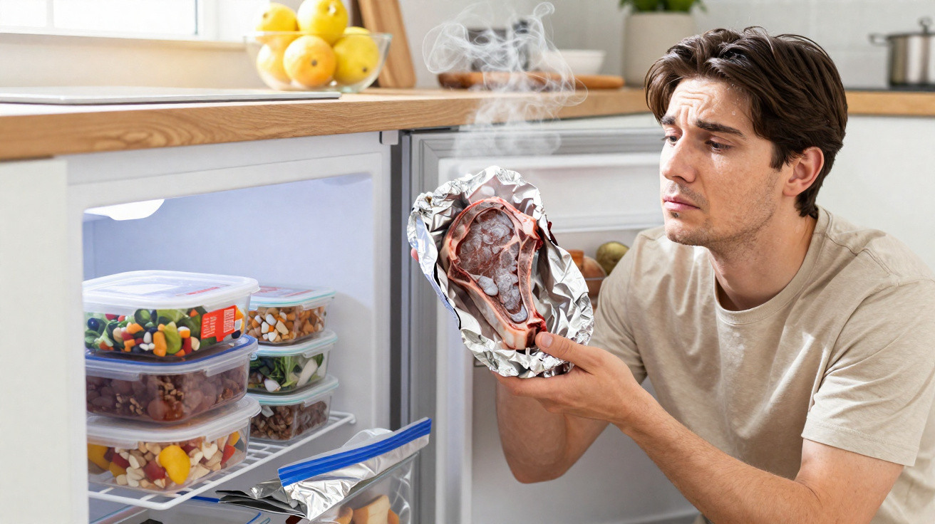 Mann sieht enttäuscht auf dampfendes, aufgetautes Steak aus Aluminiumfolie vor offenem Kühlschrank in moderner Küche.