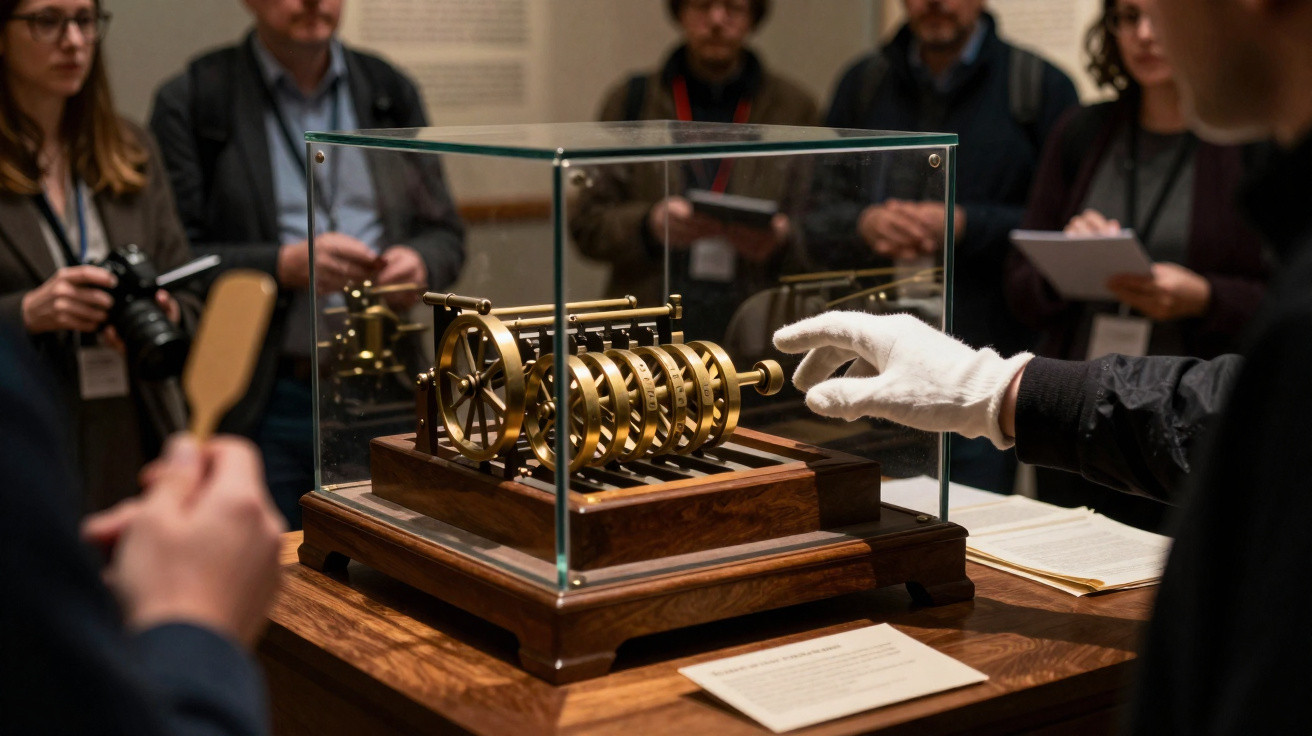 Historische mechanische Rechenmaschine aus Metall im Glaskasten, umgeben von Personen in Museum.