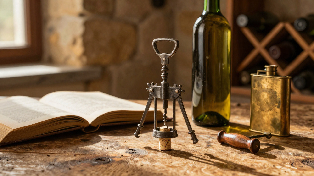 Alte Flasche, Korkenzieher, offenes Buch, Messingflasche und Holzgriff liegen auf rustikalem Holztisch.