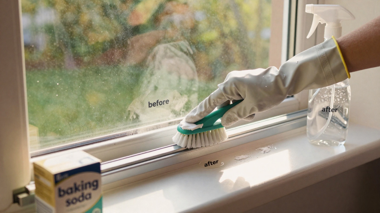 Hand mit weißem Handschuh reinigt Fensterrahmen mit Bürste, Backpulver und Sprühflasche sichtbar.