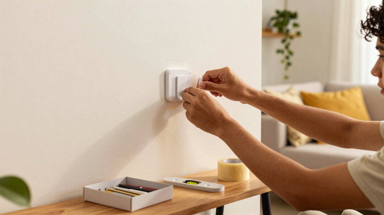 Person bringt selbstklebende Wandhalterung an weißer Wand in modernem Wohnzimmer an.