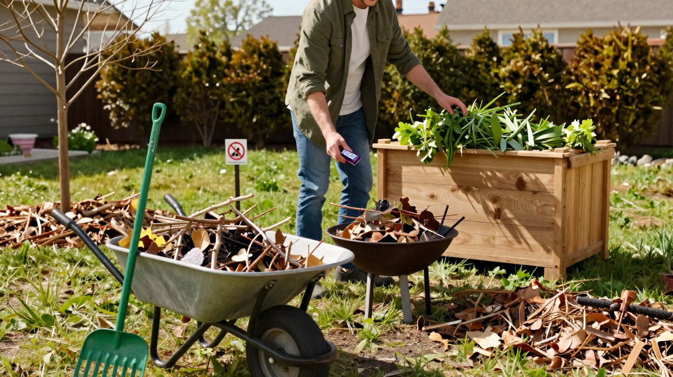 Mann sammelt Gartenabfälle wie Blätter und Zweige in eine Feuerschale neben Holzhochbeet.