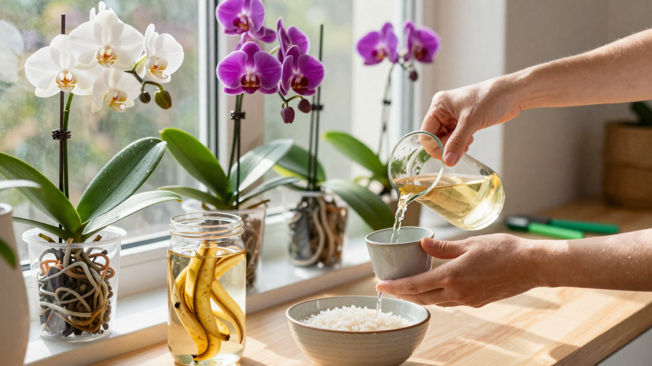 Mehrere Orchideen in Töpfen auf Fensterbank, daneben Hände, die Reis mit Flüssigkeit gießen.
