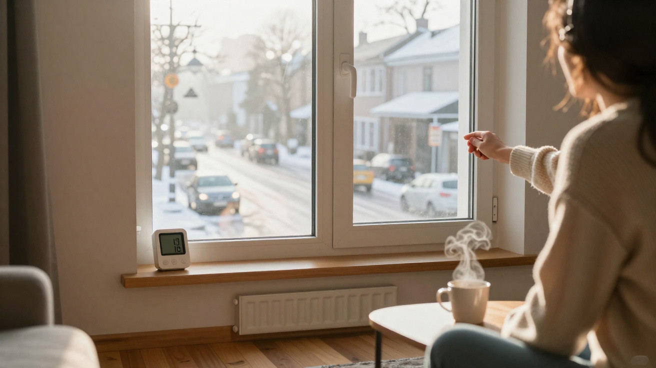 Frau öffnet Fenster im Wohnzimmer, draußen verschneite Straße, dampfende Tasse auf Tisch, digitales Thermometer zeigt 19°C.