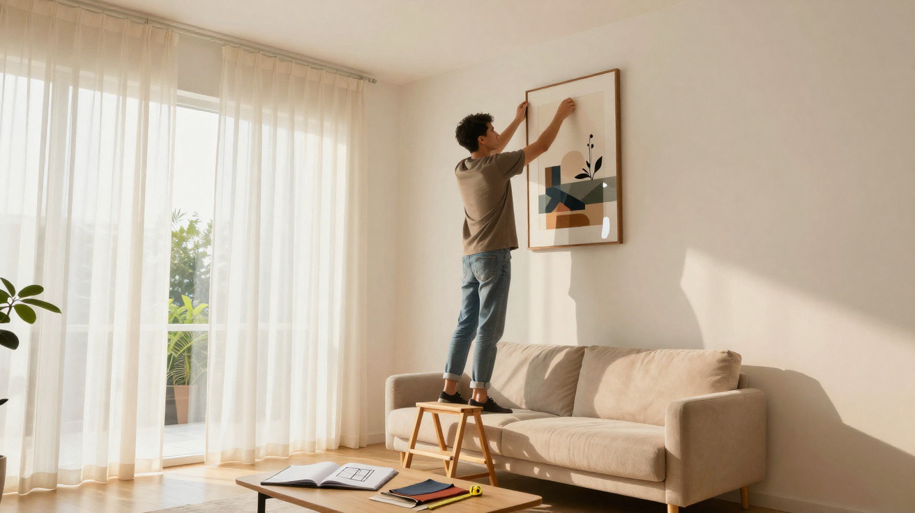 Mann steht auf Hocker und hängt abstraktes Bild über helles Sofa in modernem Wohnzimmer auf.