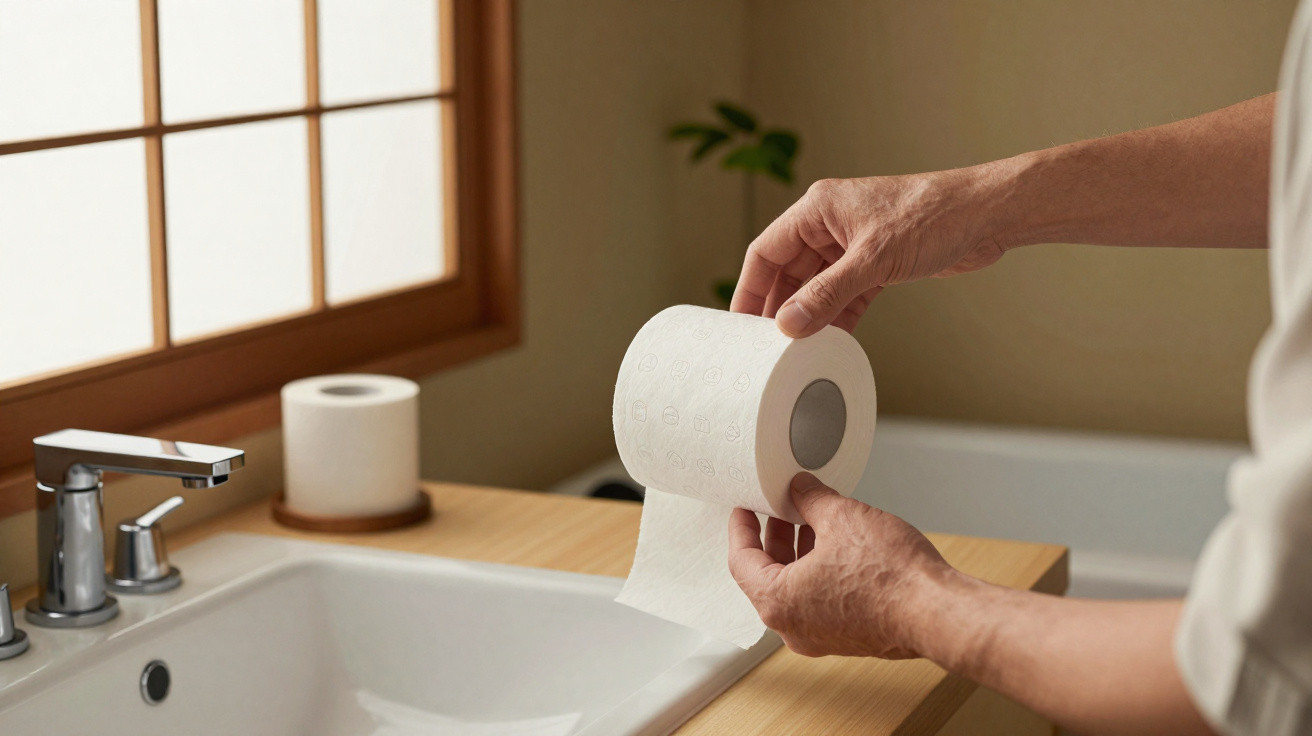 Mann hält eine Toilettenpapierrolle über einem Waschbecken in einem Bad mit Holzakzenten.