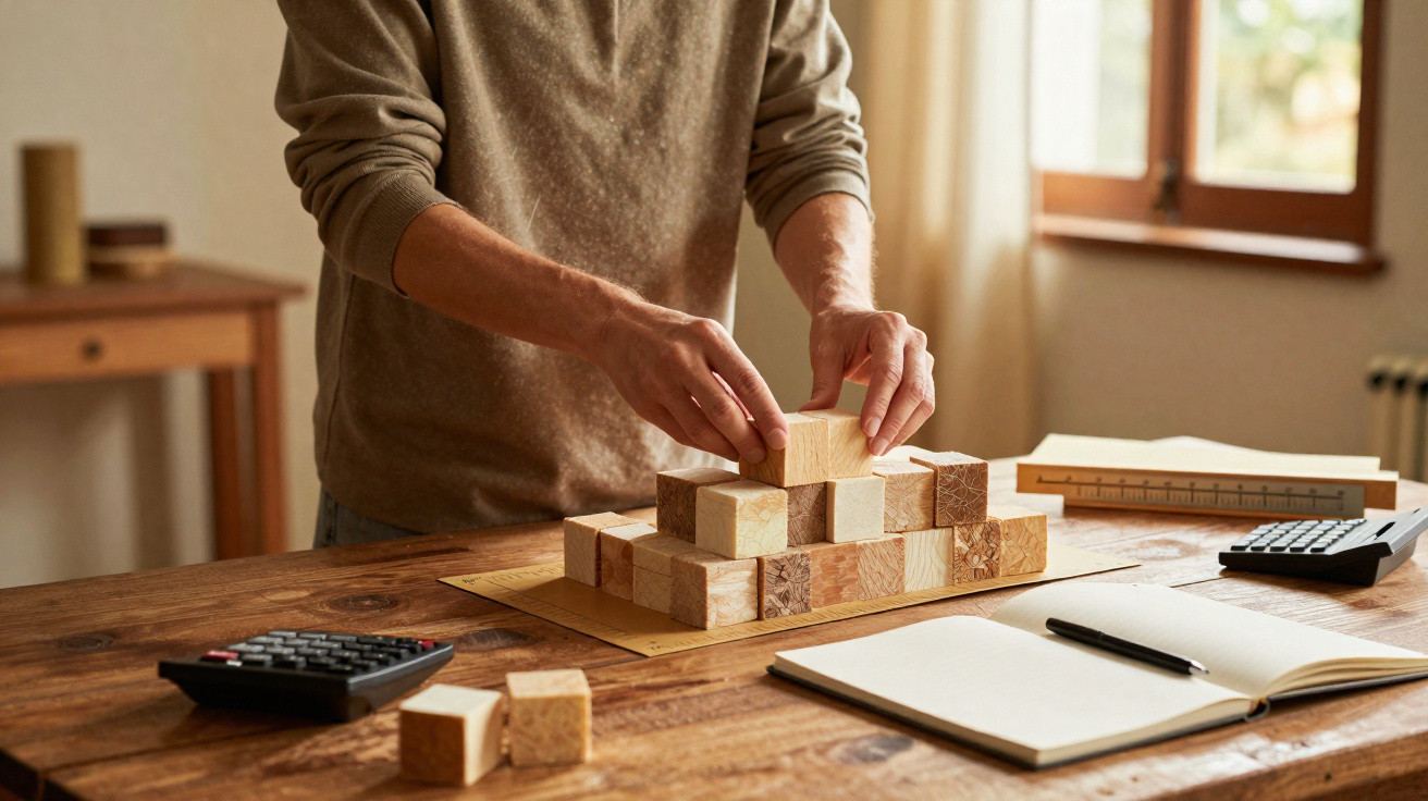 Person baut mit Holzbausteinen auf einem Schreibtisch mit Notizbuch, Taschenrechner und Lineal eine Struktur.