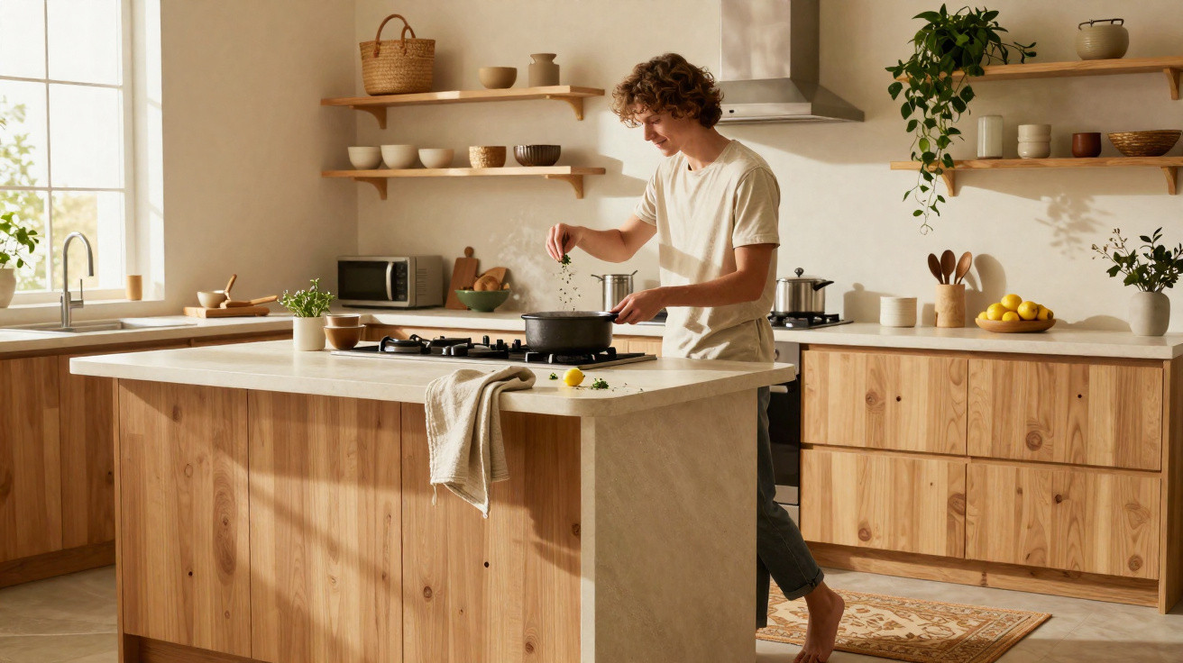 Junger Mann würzt Essen in einer modernen, hellen Küche mit Holzschränken und Pflanzen.