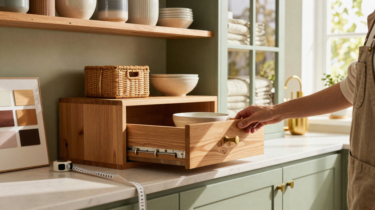Hand öffnet Holzschublade mit Schale in modernem, grünem Küchenraum mit Tageslicht.