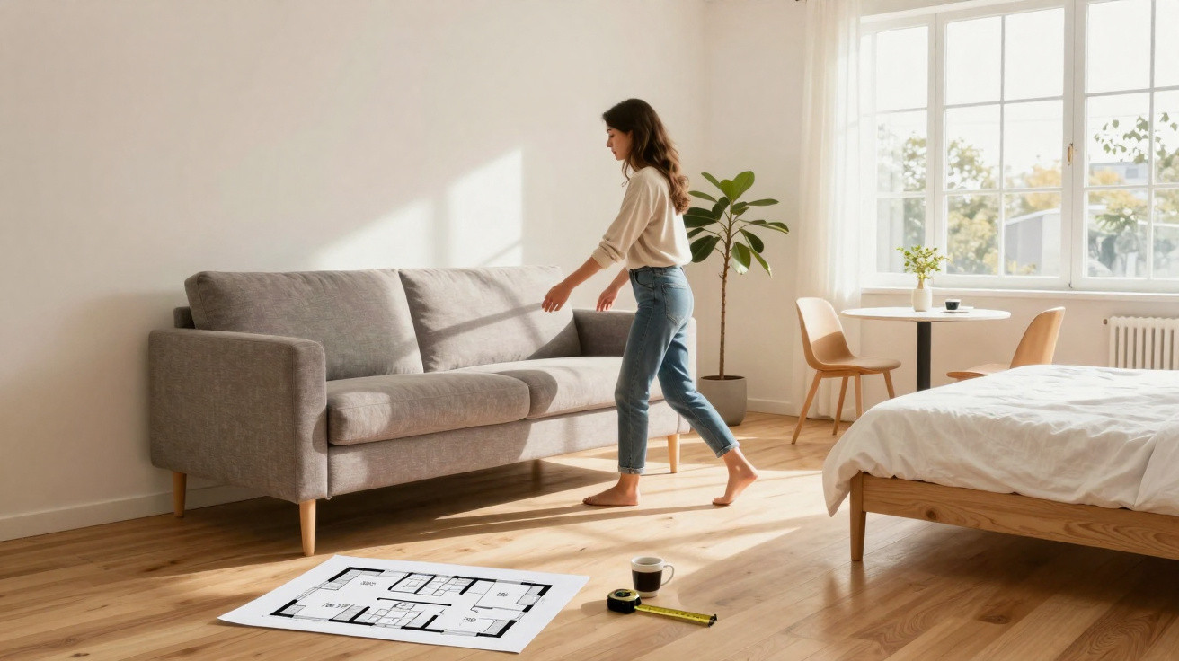 Frau richtet graues Sofa in hellem Zimmer mit Bett, Pflanzen und Grundriss auf dem Boden aus.