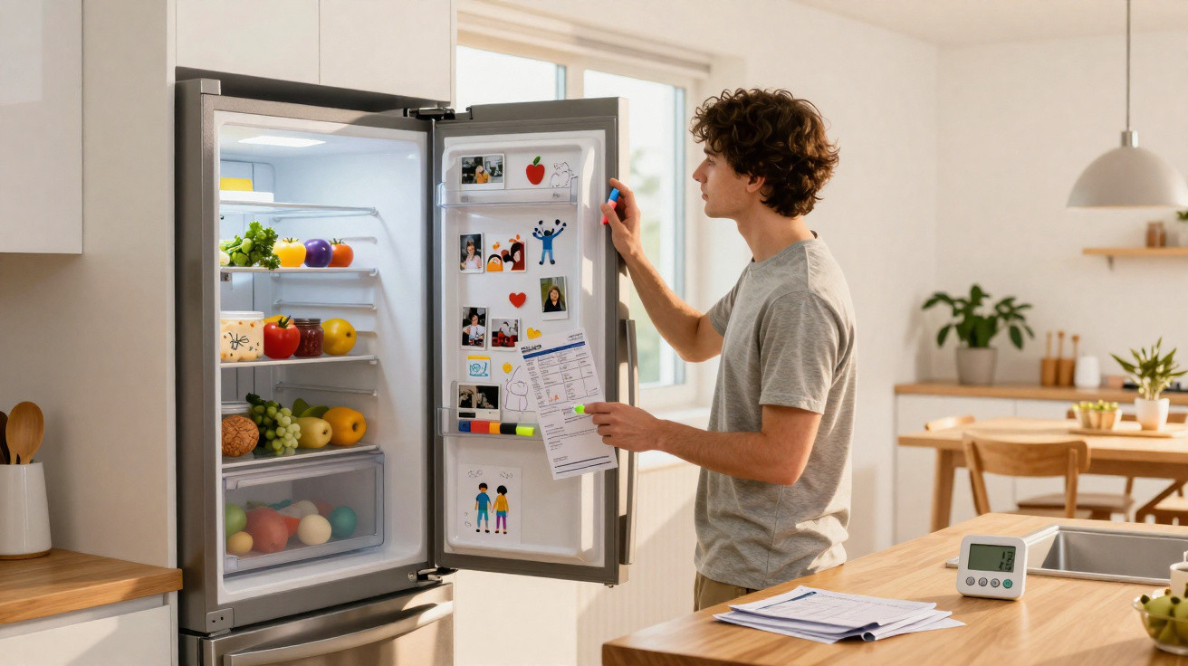 Junger Mann steht vor offenem Kühlschrank und betrachtet Notizen an der Kühlschranktür in moderner Küche.