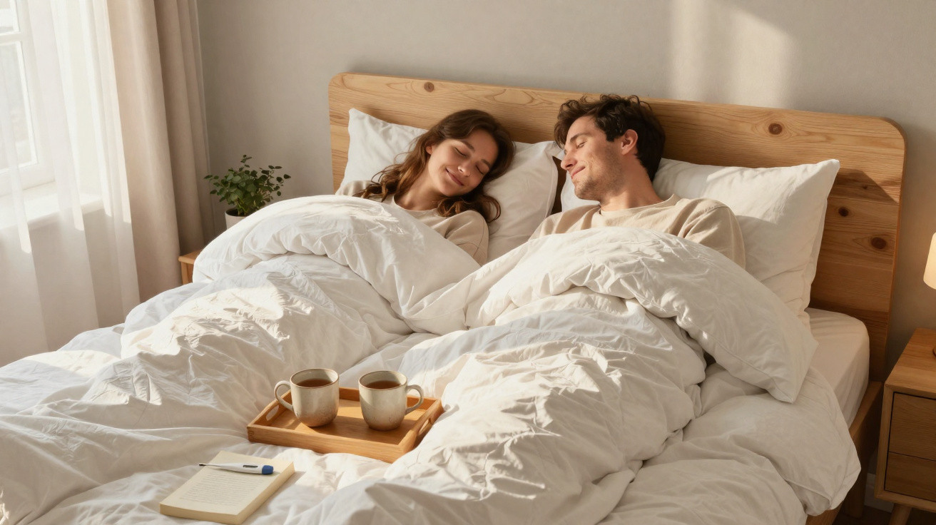 Ein Paar liegt lächelnd im Bett unter weißen Decken mit Tablett und zwei Kaffeetassen.
