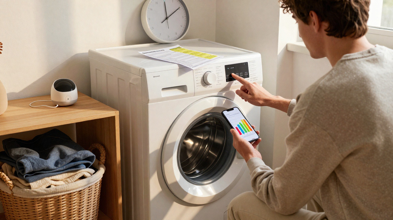 Mann bedient Waschmaschine und hält Smartphone mit App zur Energieüberwachung in modernem Waschraum.