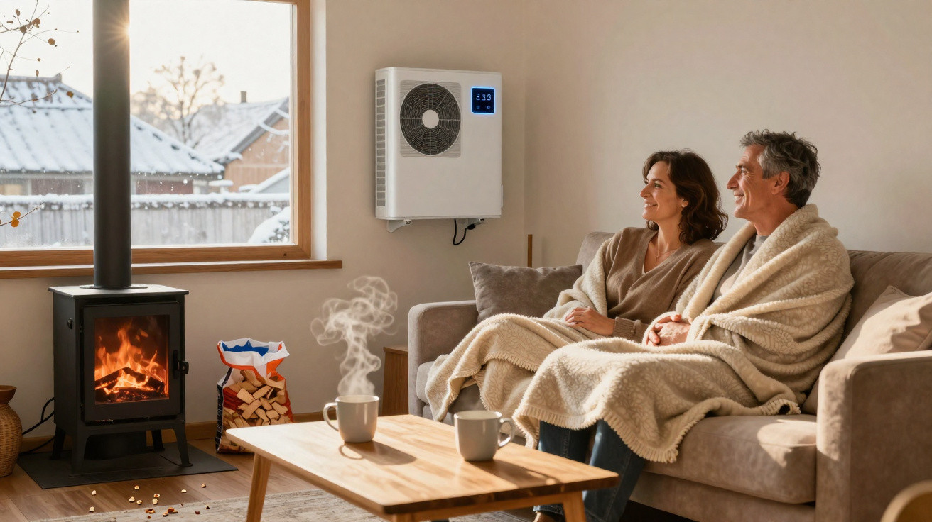 Älteres Paar sitzt eingekuschelt auf dem Sofa vor warmem Kamin in gemütlichem Wohnzimmer.