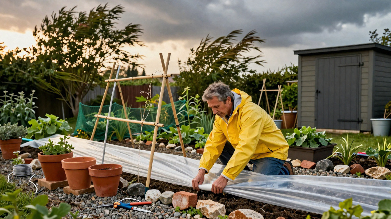 Mann in gelber Jacke arbeitet im Garten und bedeckt Pflanzen mit einer durchsichtigen Folie bei Sonnenuntergang.