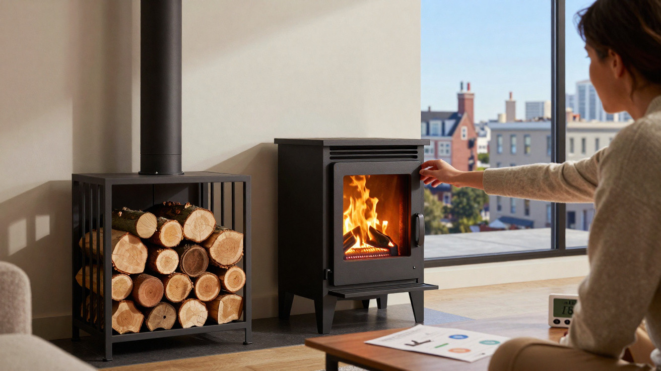 Frau sitzt vor einem modernen Holzofen mit brennendem Feuer neben einem Holzstapel in einem hellen Wohnzimmer.