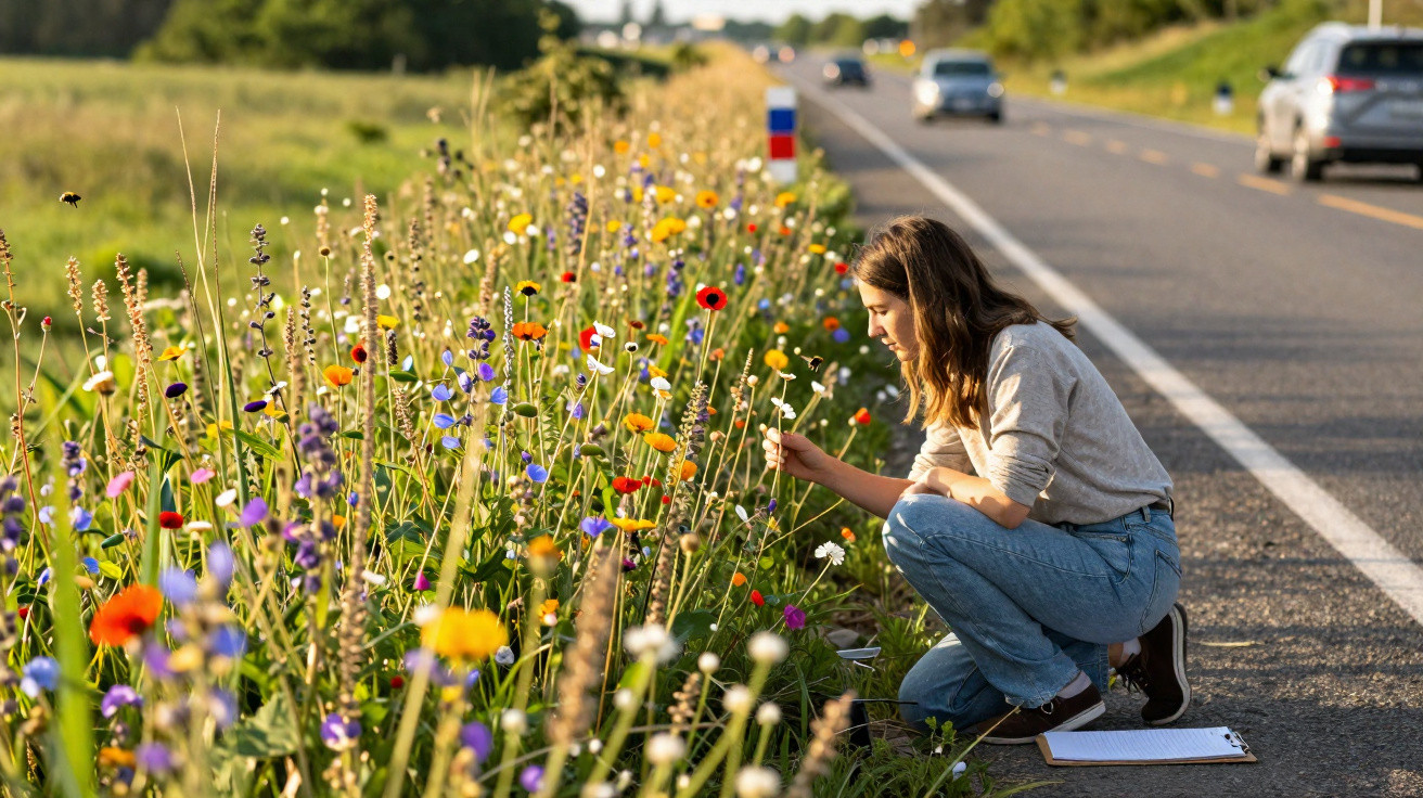 Frau kniet am Straßenrand und betrachtet bunte Wildblumen in einer blühenden Wiese neben der Straße.