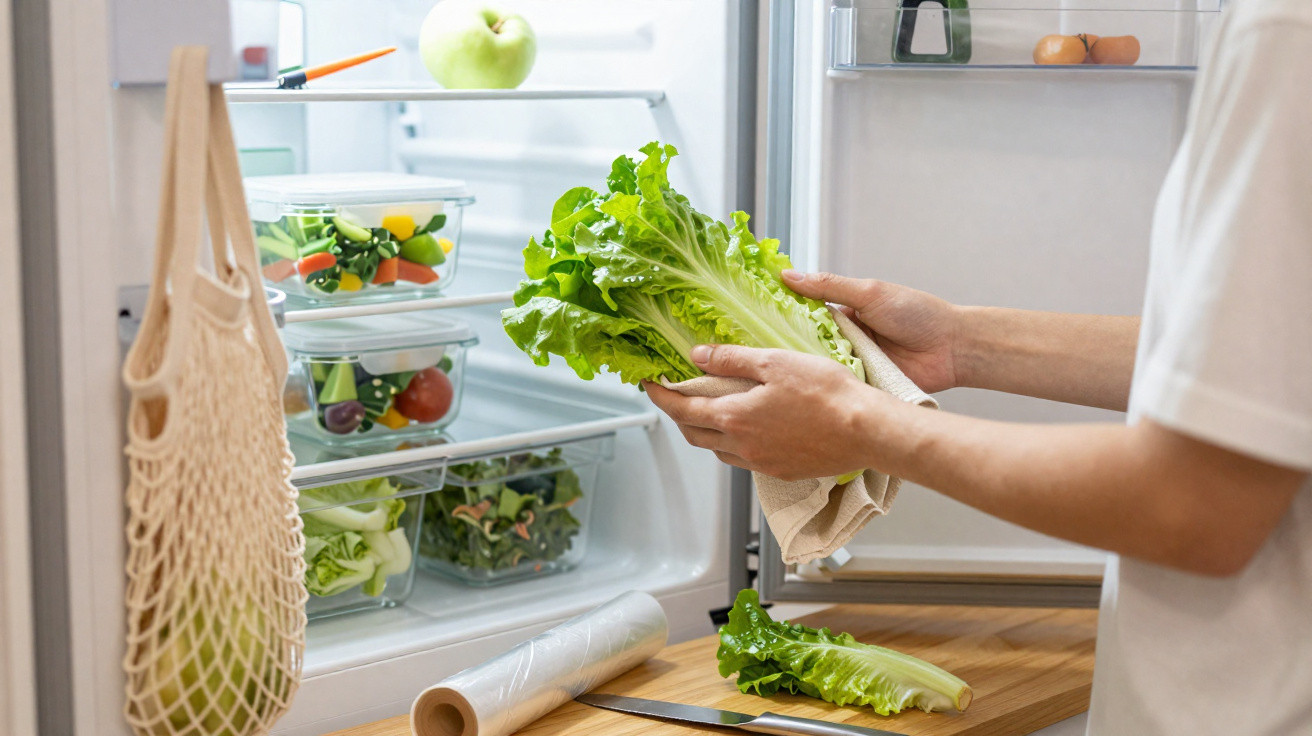 Person legt frischen Salat in einen Kühlschrank mit Gemüsebehältern und grünem Apfel.