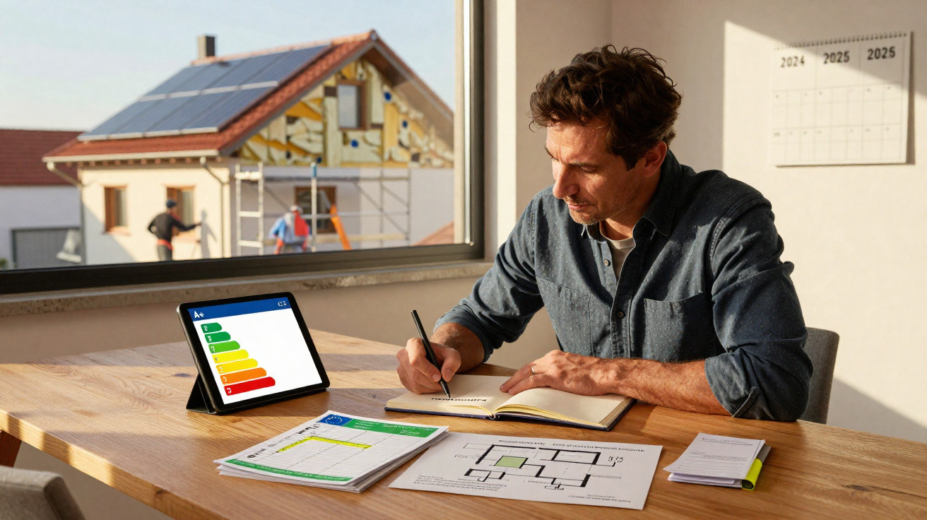 Mann schreibt Notizen, neben ihm Tablet mit Energieeffizienzskala, Baustelle mit Haus im Hintergrund sichtbar.