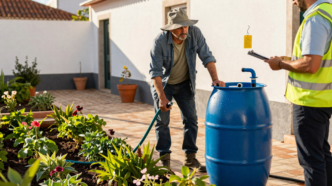 Mann mit Hut bewässert Gartenpflanzen mit Gartenschlauch, während anderer Mann mit Warnweste Notizen macht.