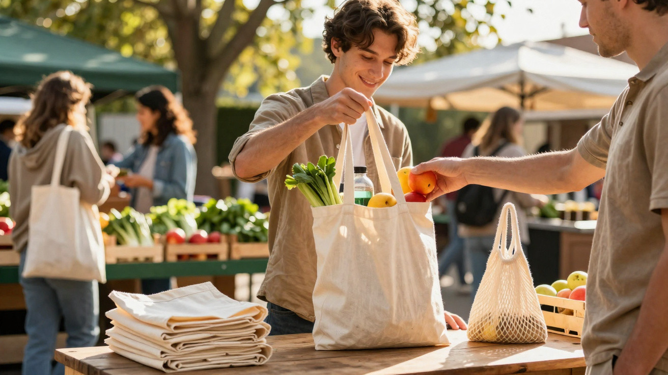 Junger Mann kauft frisches Obst und Gemüse auf einem Markt und legt es in eine Stofftasche.