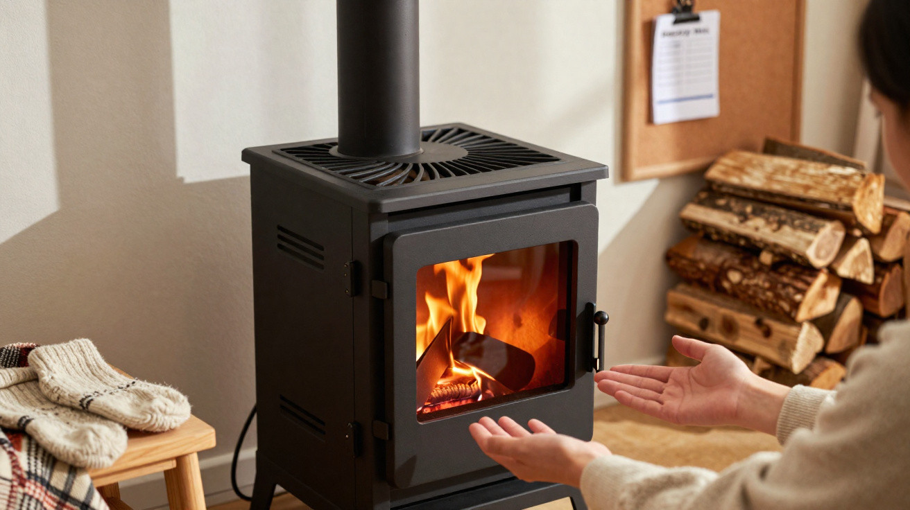 Person wärmt Hände vor einem schwarzen Holzofen mit brennendem Feuer in gemütlichem Wohnzimmer